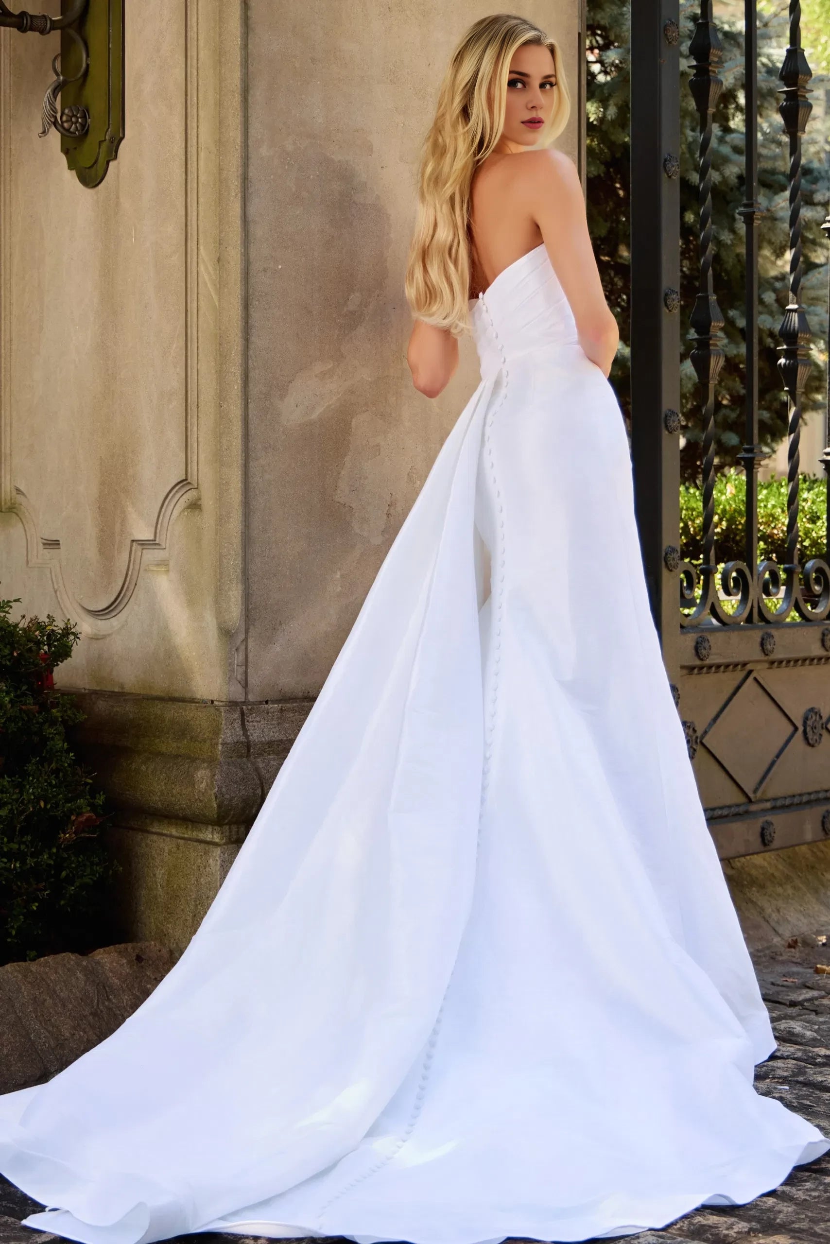 Chic Mermaid Strapless Ruffle-Accent Pearl-Button Back Train Length Wedding Dresses