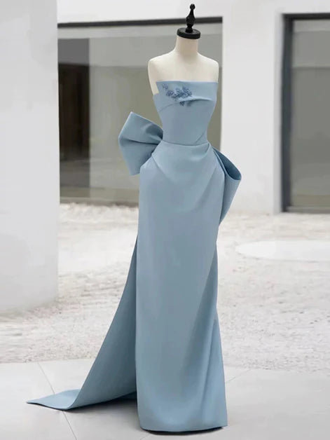 Chic Mermaid Strapless Satin Bow-Accent Cutout-Back Train Length Evening Dresses