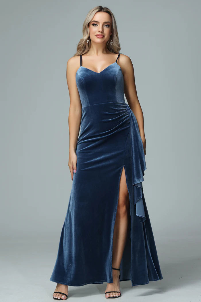 Chic Mermaid Sweetheart Spaghetti-Strap Open-Back Navy Velvet Floor-Length Bridesmaid Dresses
