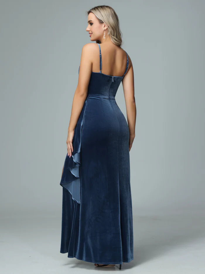 Chic Mermaid Sweetheart Spaghetti-Strap Open-Back Navy Velvet Floor-Length Bridesmaid Dresses