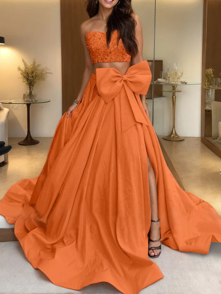 Chic Two - Piece Ball Gown Strapless Sleeveless Lace - Up Back Long Length Prom Dresses