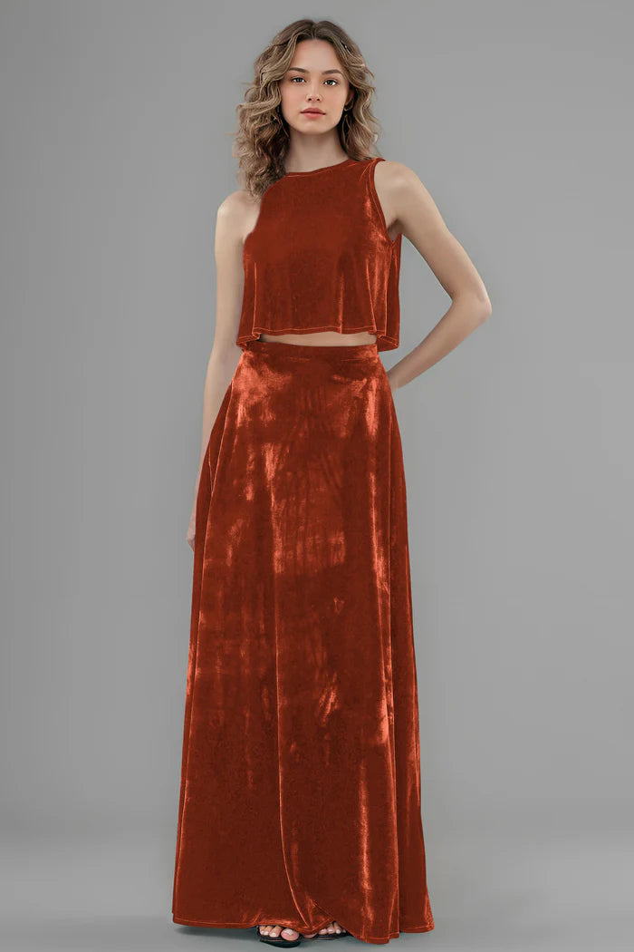Chic Two-Piece Sheath High-Neck Sleeveless Zipper-Back Floor-Length Bridesmaid Dresses