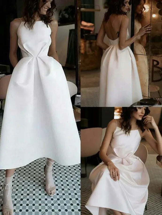 Chic A-Line High-Neck Twisted-Waist Ivory Satin Midi Prom Dresses
