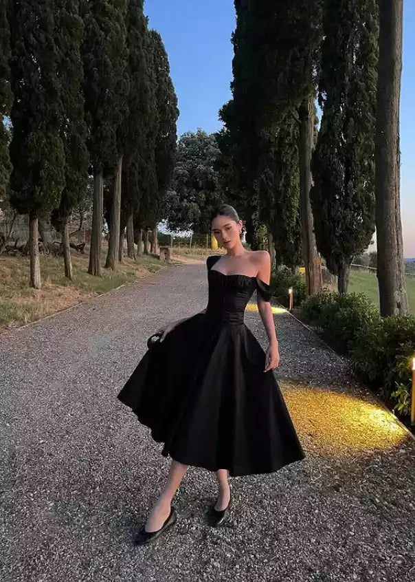 Chic A-Line Sweetheart Off-the-Shoulder Tea-Length Prom Dresses