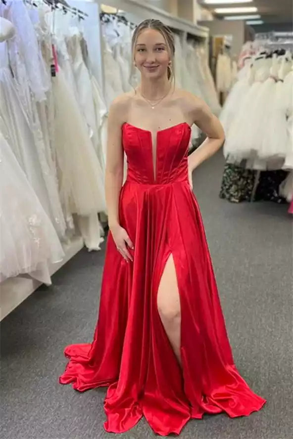 Chic A-line Strapless Bow-back Slit Floor-length Formal Evening Gown