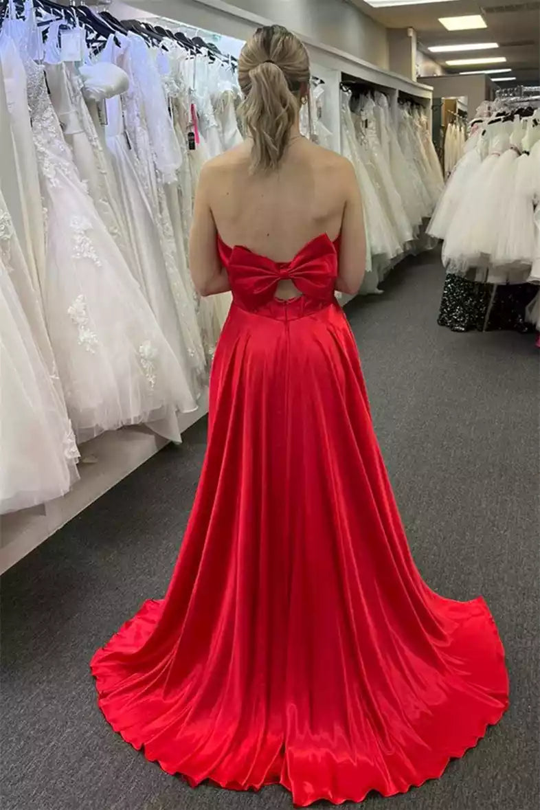 Chic A-line Strapless Bow-back Slit Floor-length Formal Evening Gown