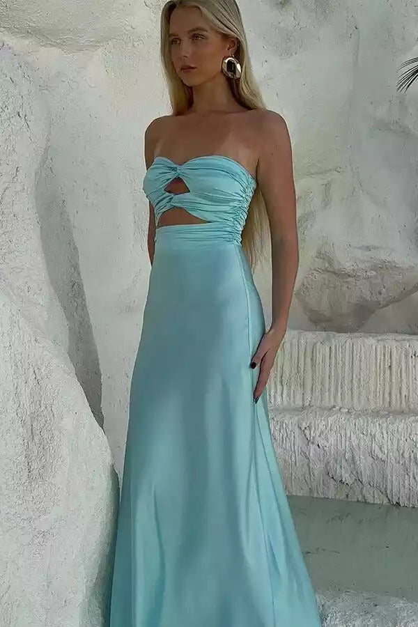 Chic Aqua Satin Strapless Gown with Ruched Bodice & Slit Detail