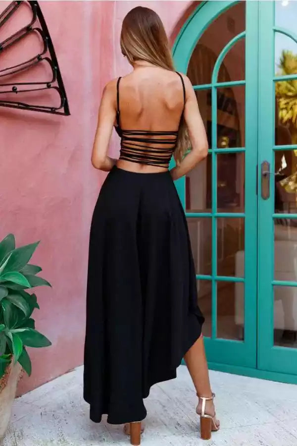 Chic Black High-Low Gown with Crisscross Open Back