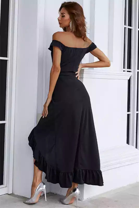 Chic Black Off-the-Shoulder Midi Gown with Ruffled High-Low Hem
