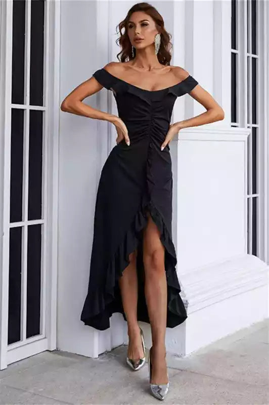 Chic Black Off-the-Shoulder Midi Gown with Ruffled High-Low Hem