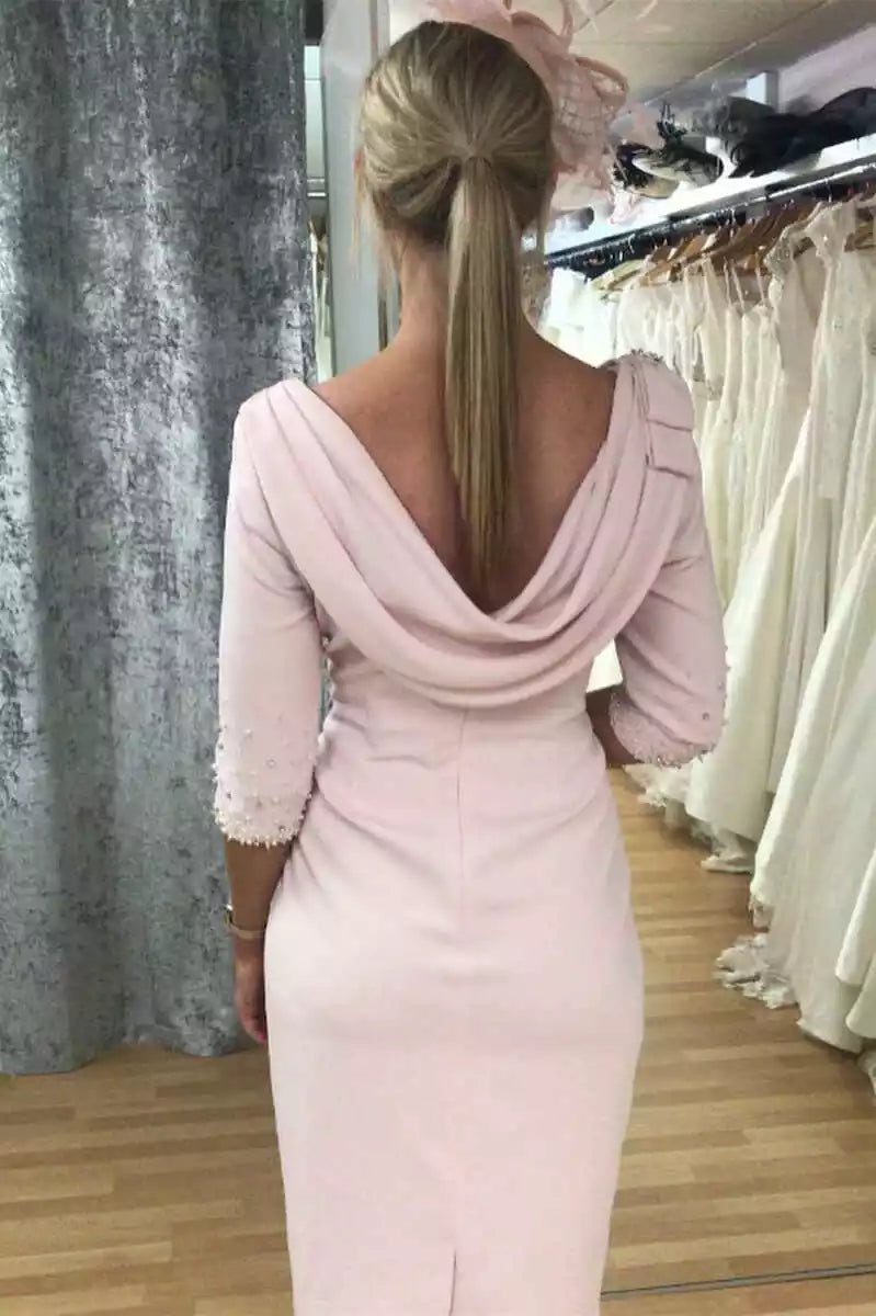 Chic Blush Midi Gown with Cowl Back & Beaded Three-Quarter Sleeves
