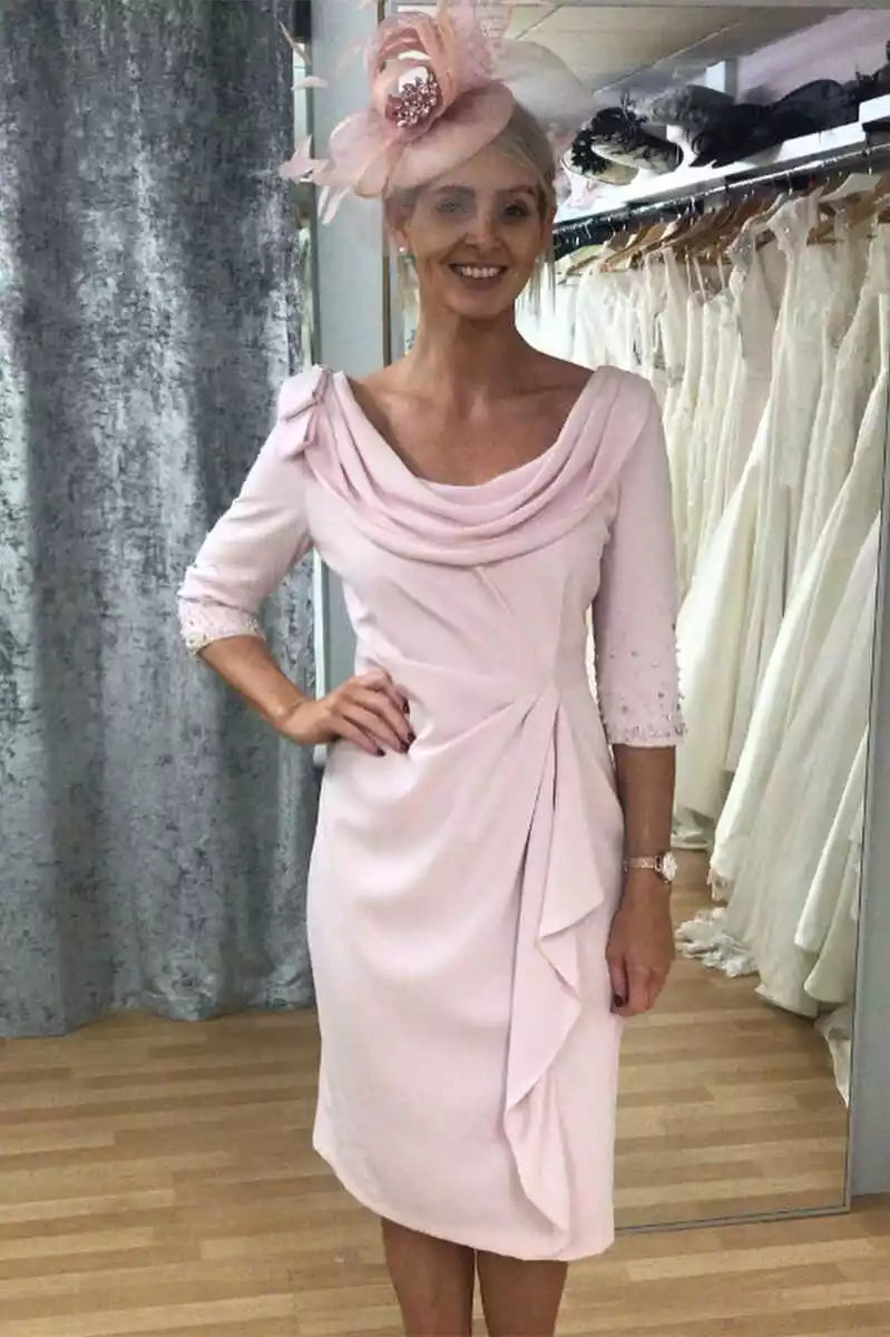 Chic Blush Midi Gown with Cowl Back & Beaded Three-Quarter Sleeves
