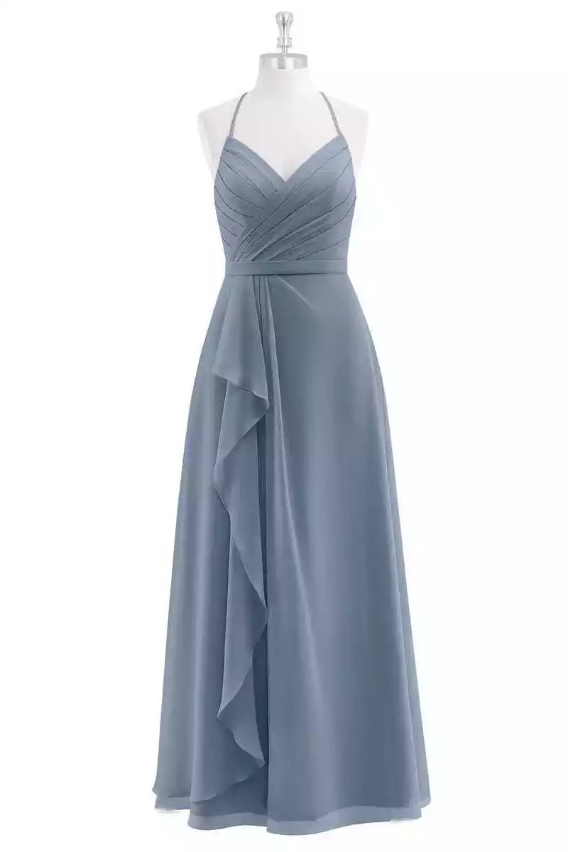 Chic Dusty Blue Chiffon Gown with Halter Back & Asymmetrical Ruffle Skirt