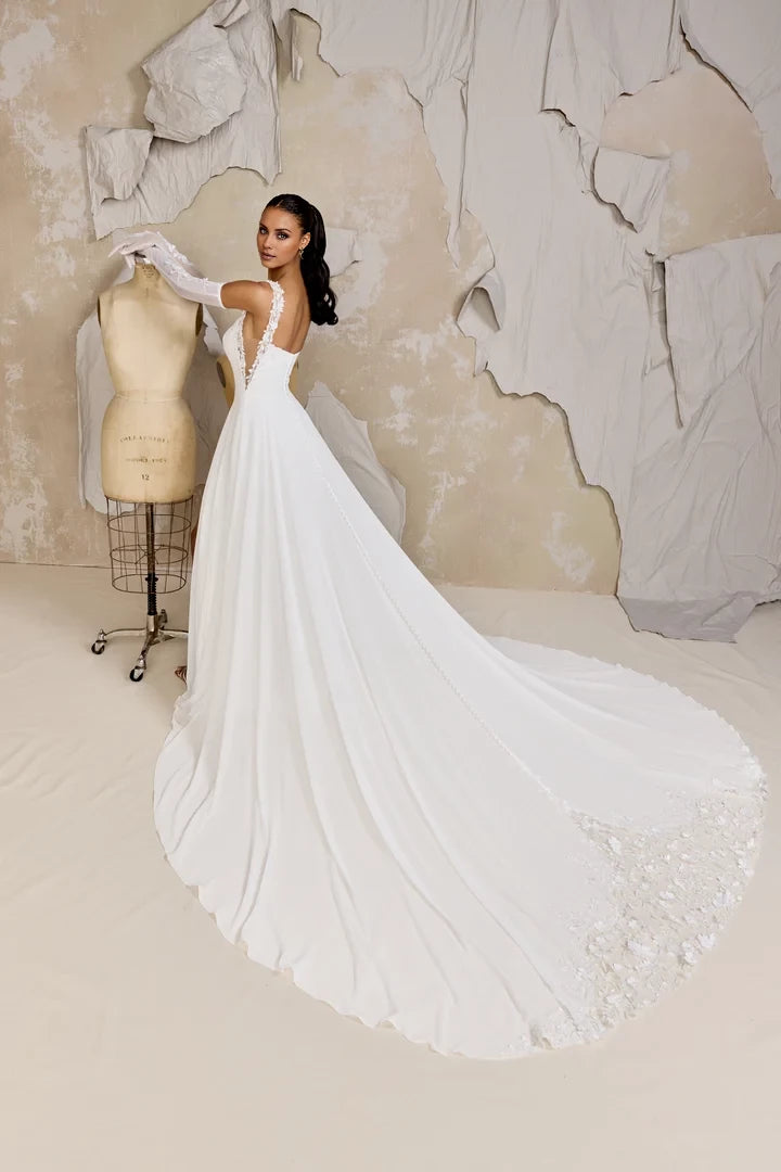 Chiffon A-Line Gown with 3D Floral Appliqués and Skirt Slit Wedding Dresses