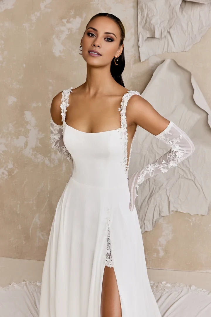 Chiffon A-Line Gown with 3D Floral Appliqués and Skirt Slit Wedding Dresses