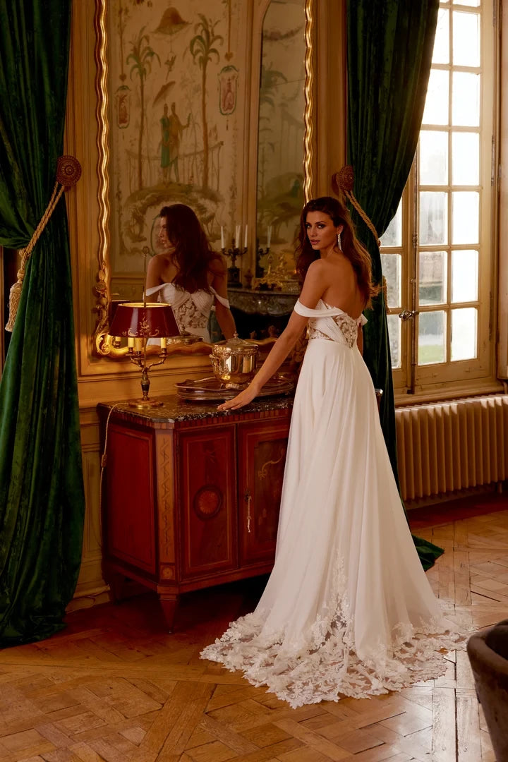 Chiffon A-Line Gown with Glittering Illusion Details on Bodice Wedding Dresses