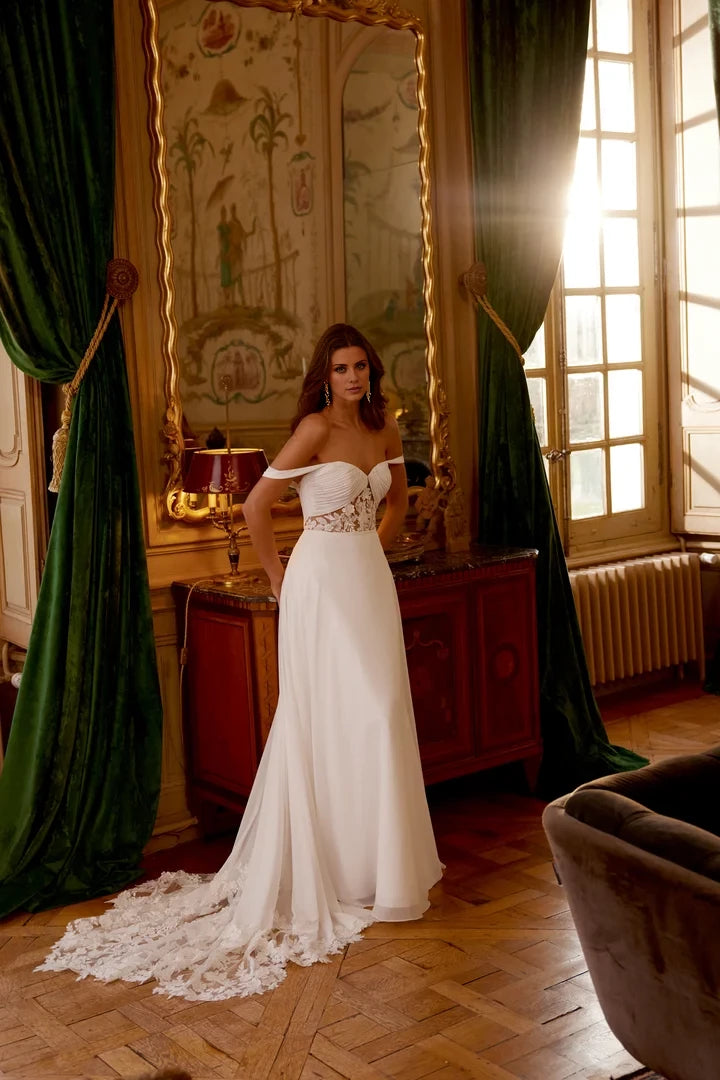 Chiffon A-Line Gown with Glittering Illusion Details on Bodice Wedding Dresses