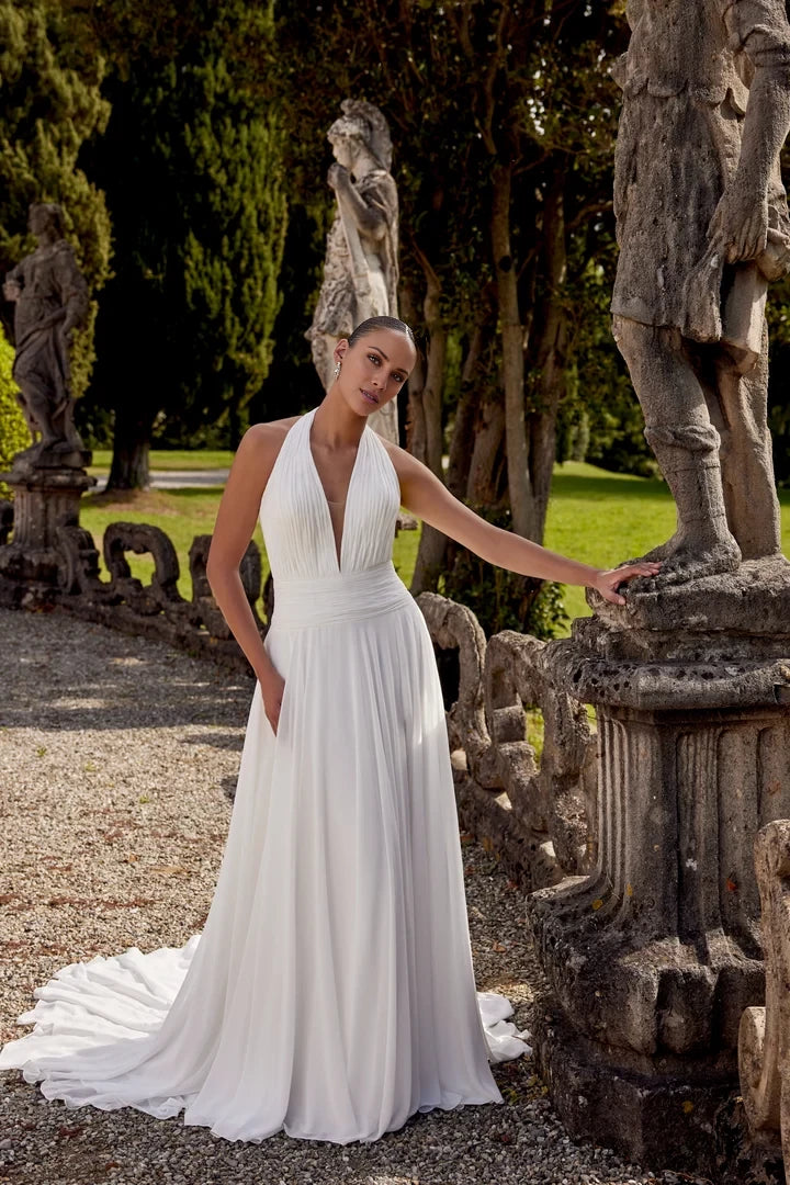 Chiffon A-Line Gown with Plunging Halter Neckline and Cummerbund Wedding Dresses