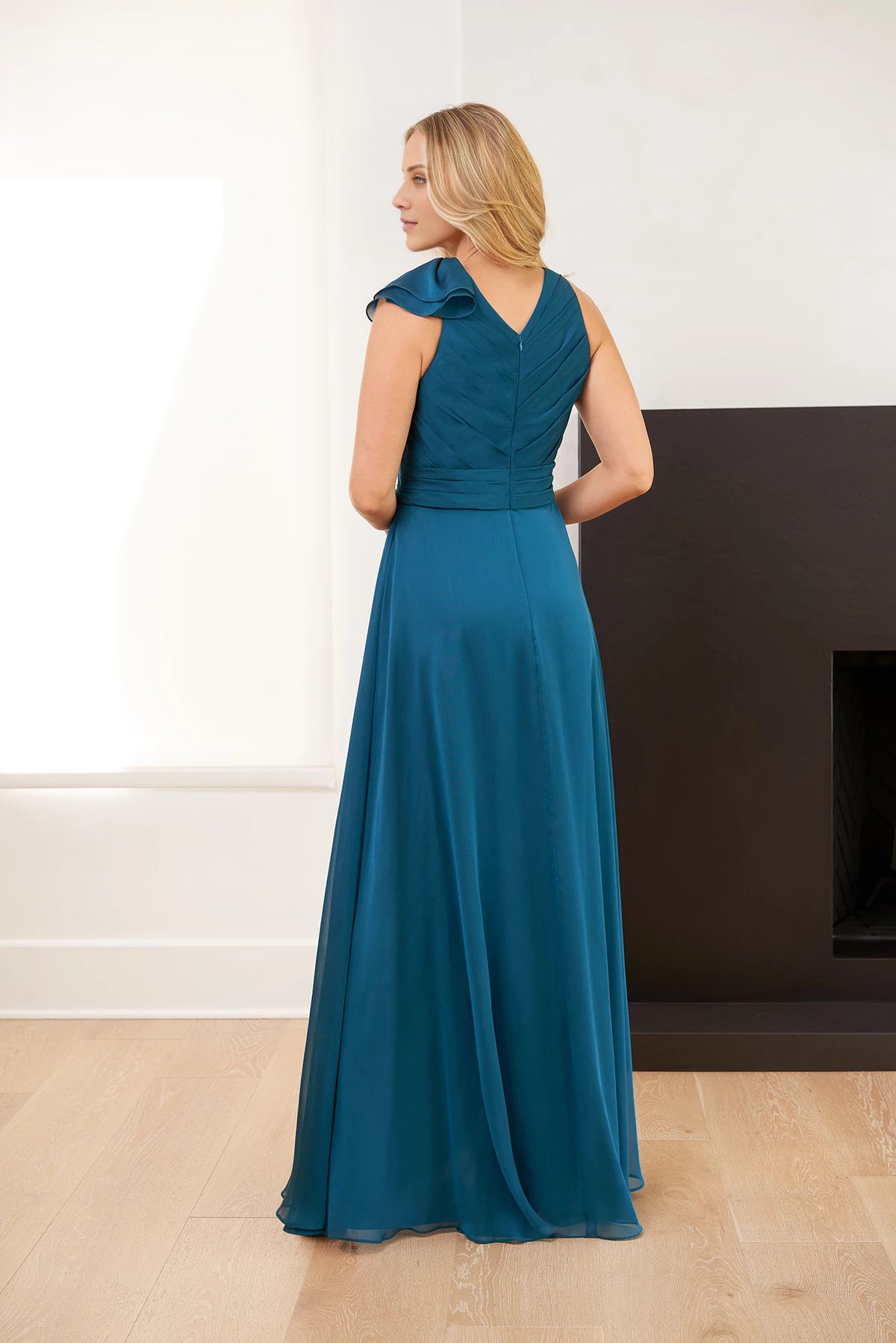 Chiffon A-line Gown with Pleated Bodice and Ruffled Sleeve Mother of the Bride Dresses