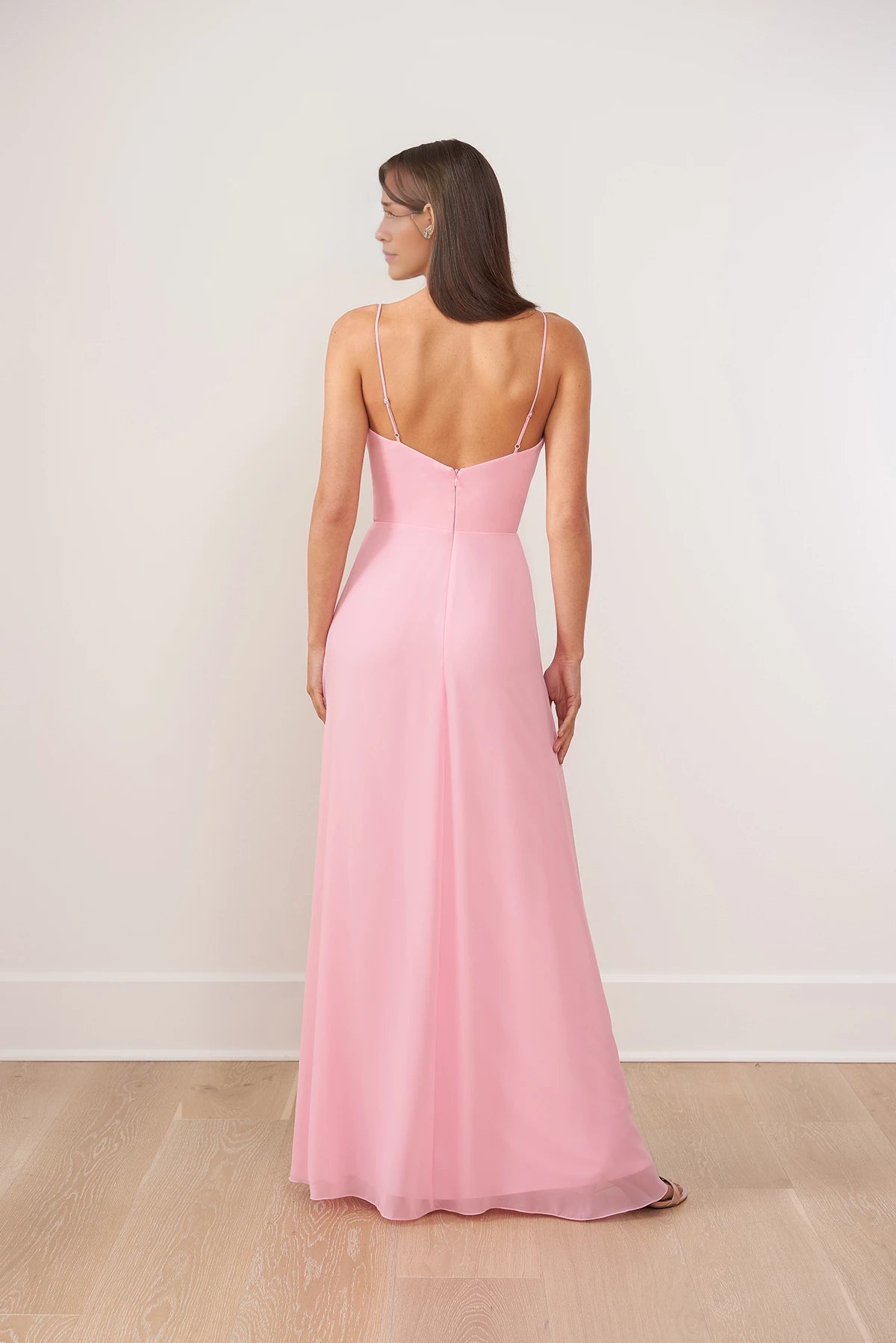 Chiffon A-line Gown with Plunging V-Notch Sculptured Bodice and V-Neckline Back Bridesmaid Dresses
