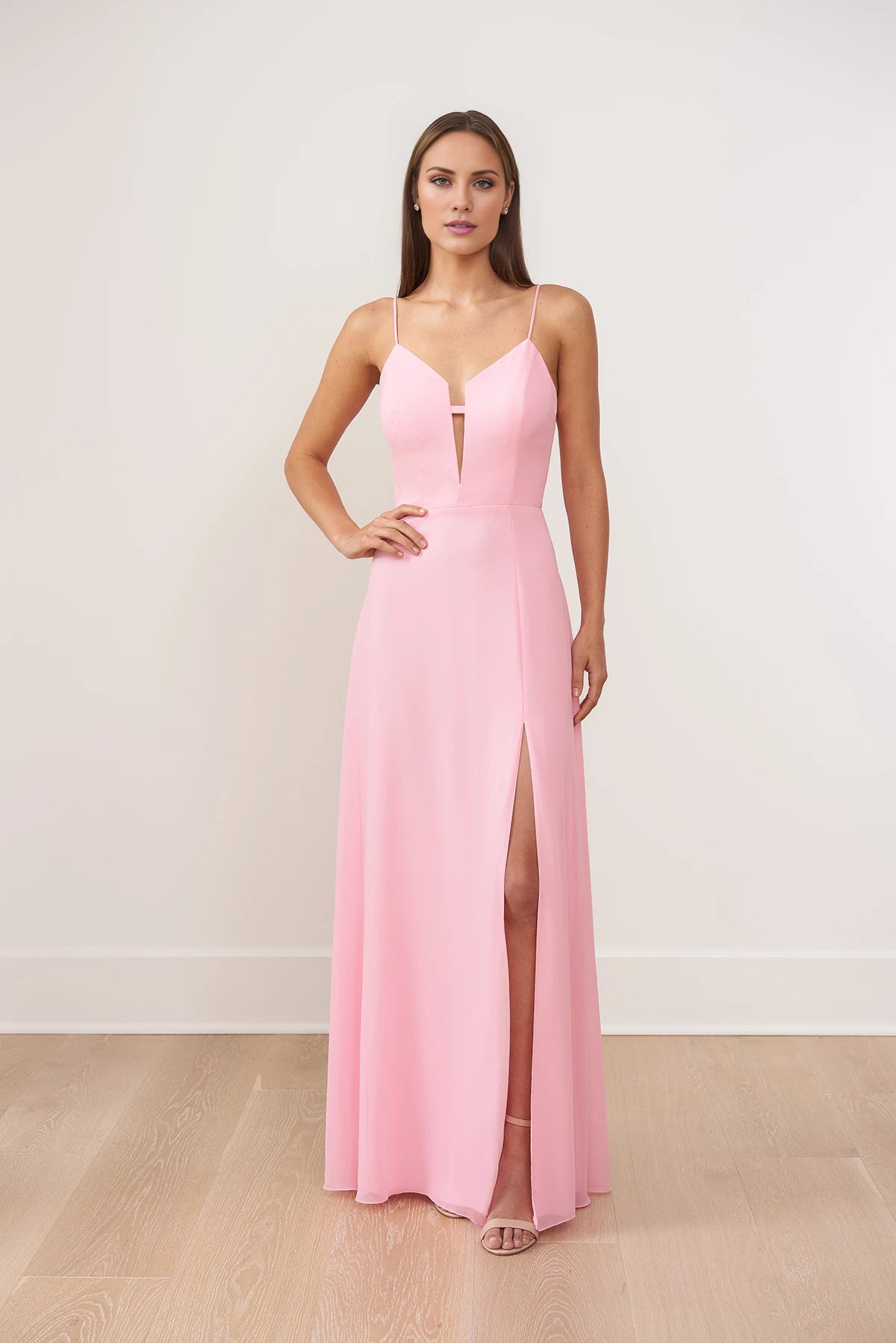 Chiffon A-line Gown with Plunging V-Notch Sculptured Bodice and V-Neckline Back Bridesmaid Dresses