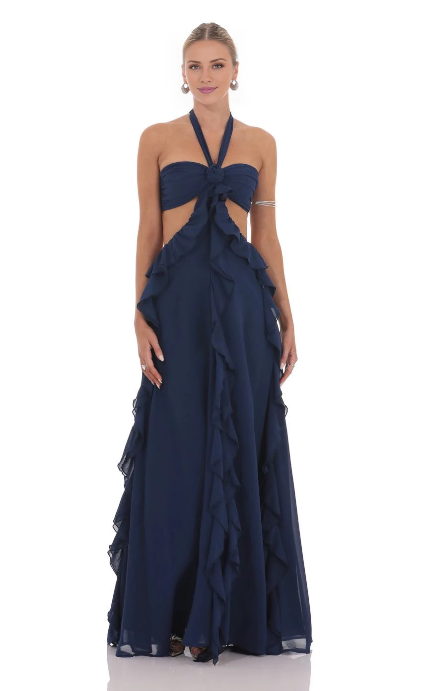 Chiffon Cutout Ruffle Maxi Dress Prom Dresses