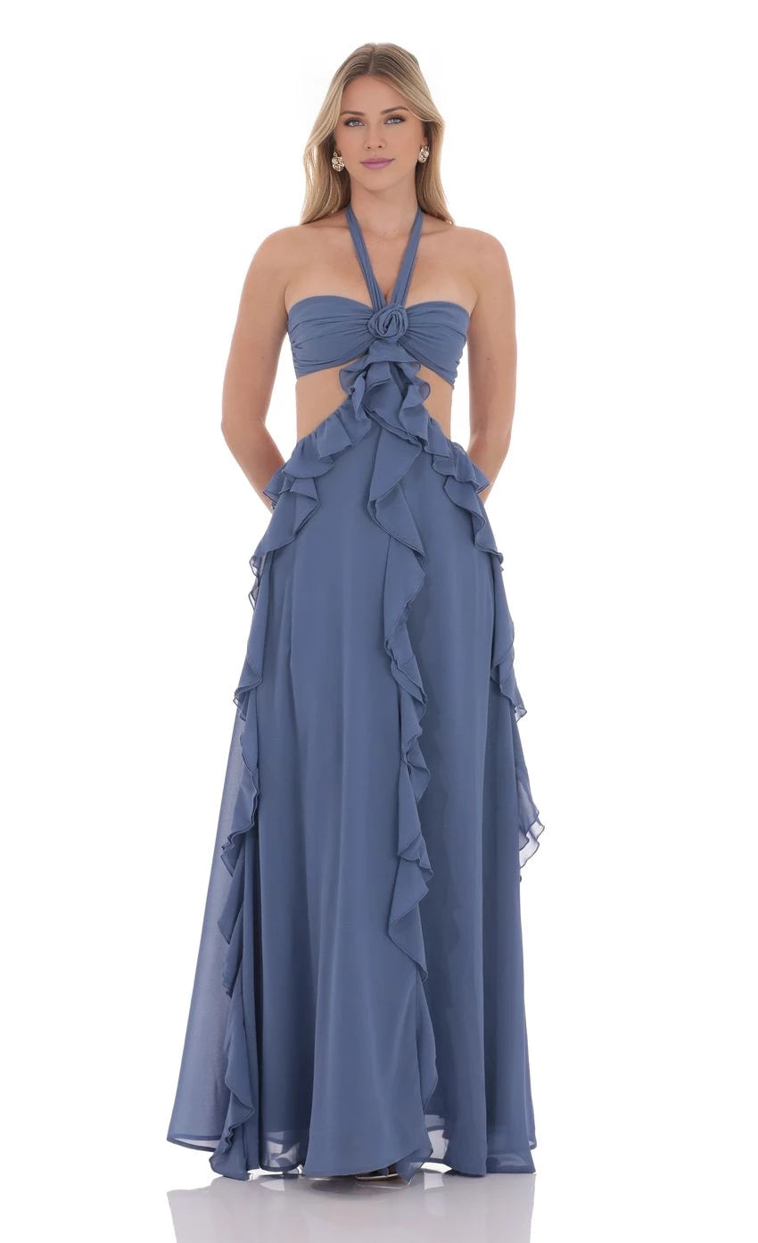 Chiffon Cutout Ruffle Maxi Dress Prom Dresses