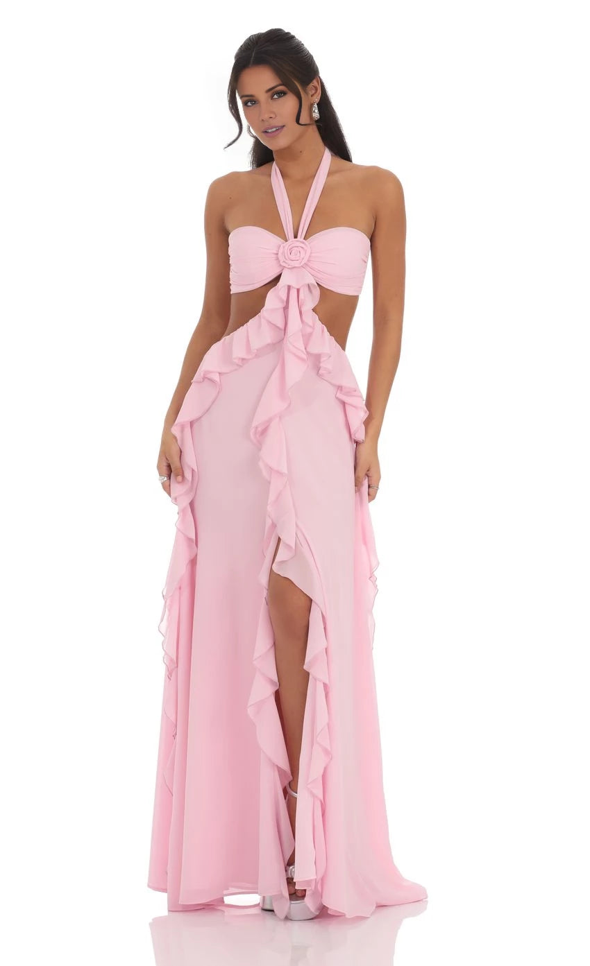Chiffon Cutout Ruffle Maxi Dress Prom Dresses