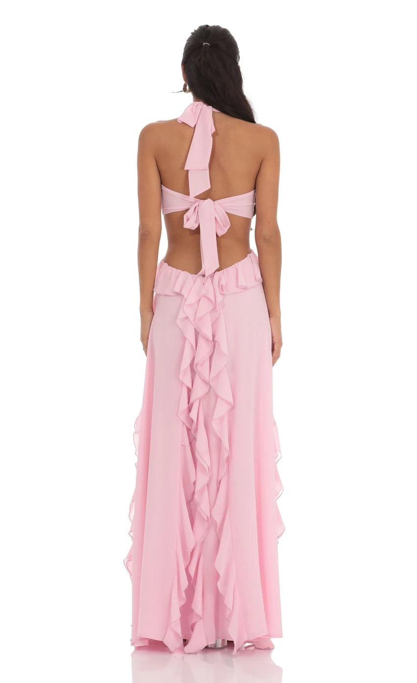 Chiffon Cutout Ruffle Maxi Dress Prom Dresses