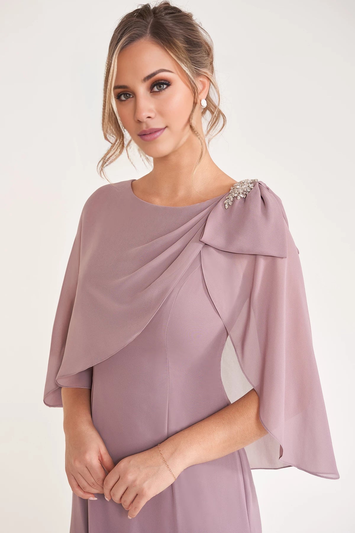 Chiffon Fit and Flare Dress with Boat Neckline and Draped Cape Mother of the Bride Dresses