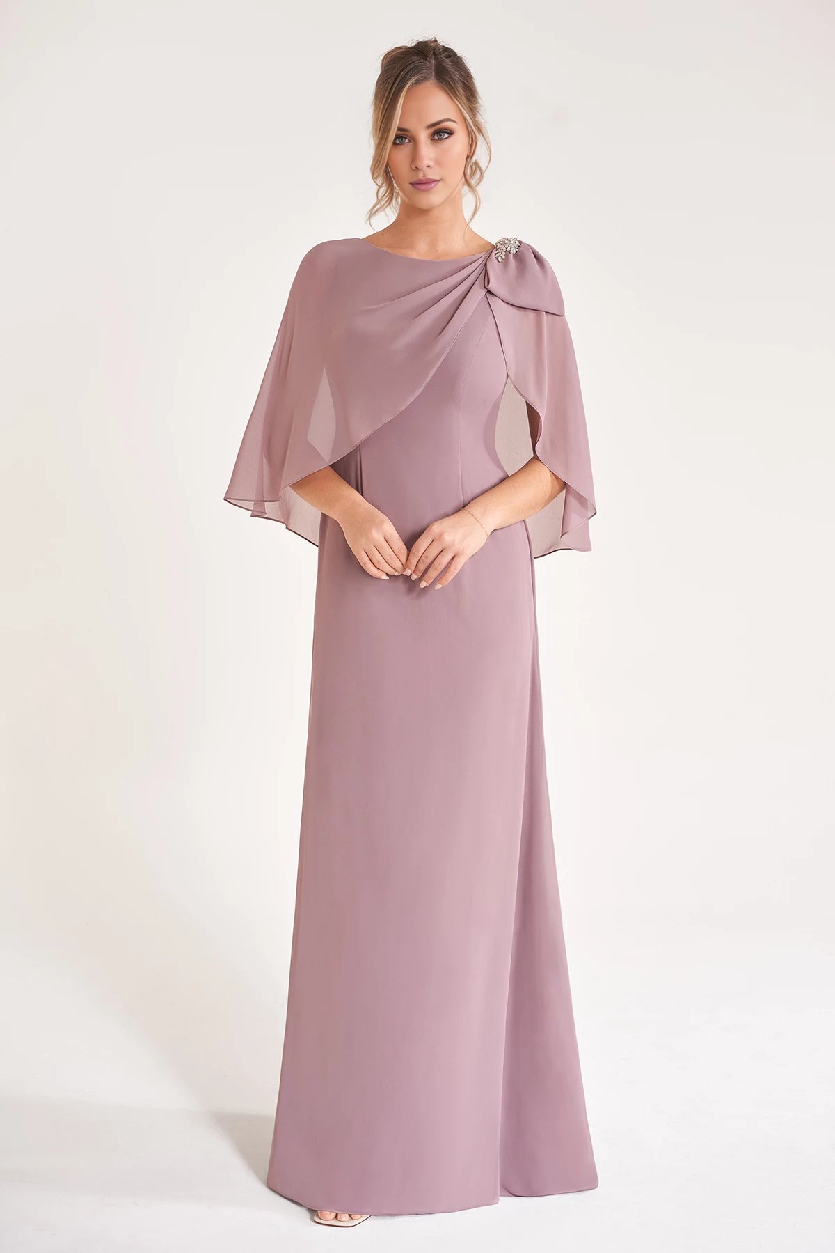 Chiffon Fit and Flare Dress with Boat Neckline and Draped Cape Mother of the Bride Dresses
