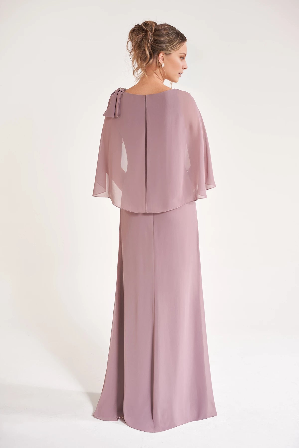 Chiffon Fit and Flare Dress with Boat Neckline and Draped Cape Mother of the Bride Dresses