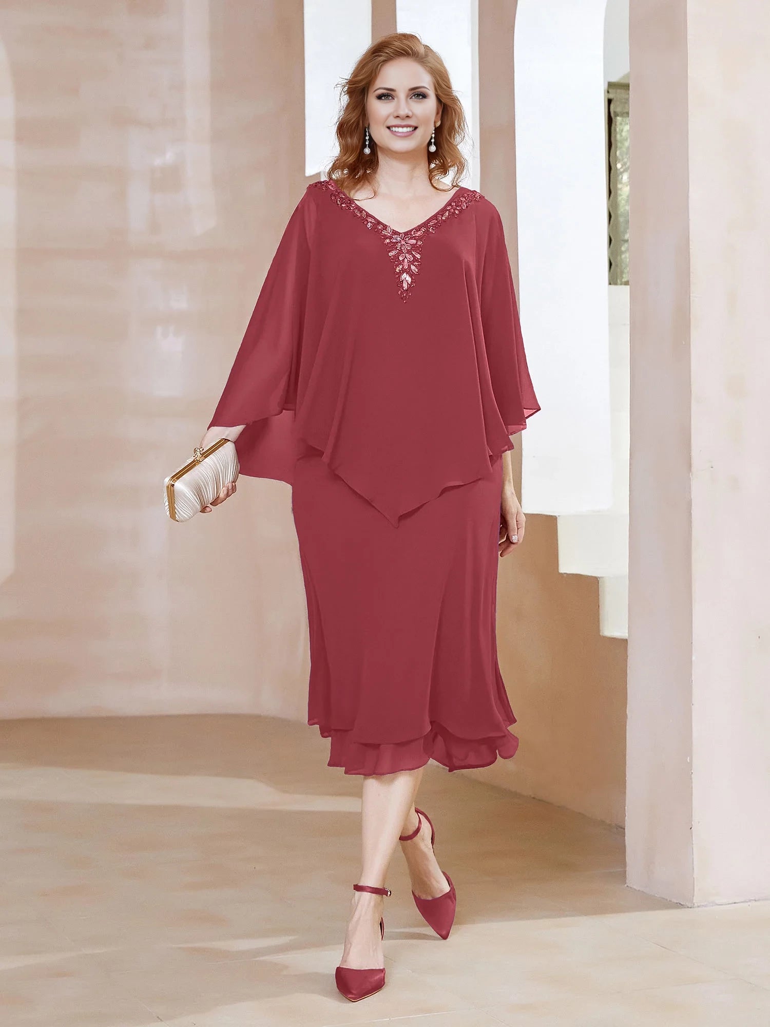 Chiffon V-Neck Flutter Sleeves Dress Mother of the Bride Dresses