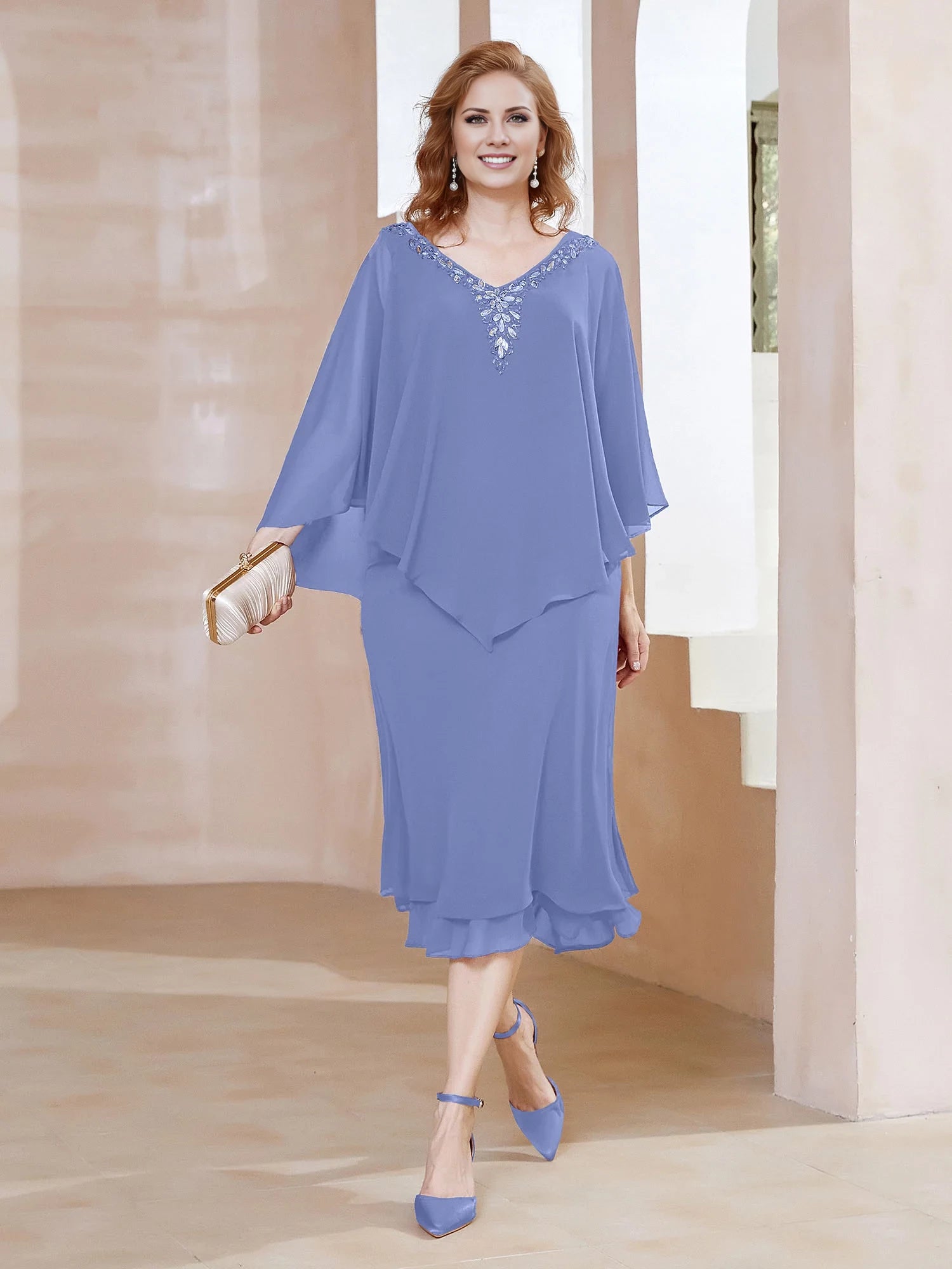 Chiffon V-Neck Flutter Sleeves Dress Mother of the Bride Dresses