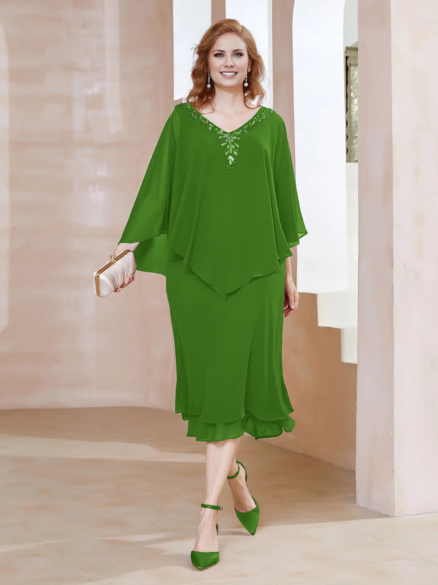 Chiffon V-Neck Flutter Sleeves Dress Mother of the Bride Dresses