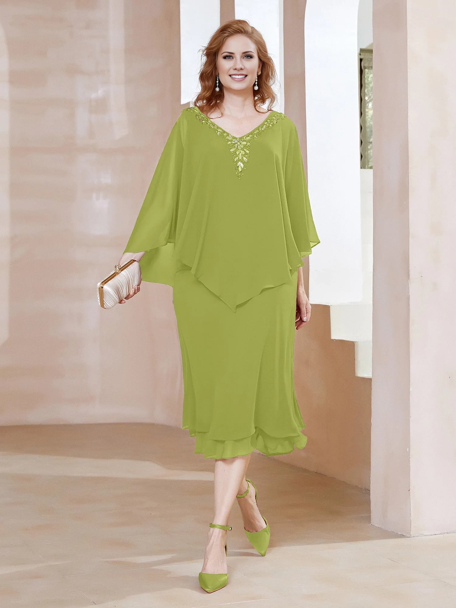 Chiffon V-Neck Flutter Sleeves Dress Mother of the Bride Dresses