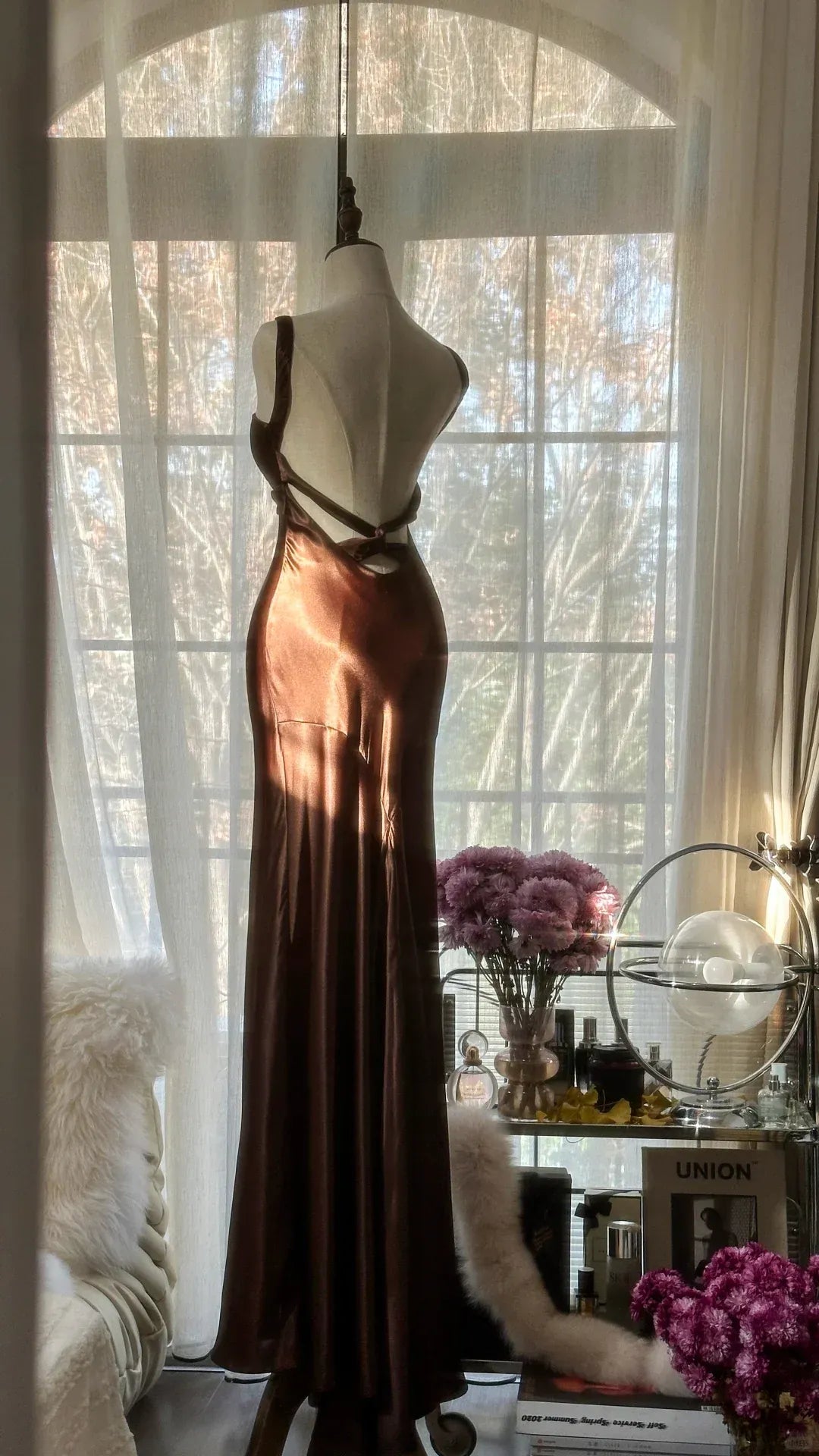 Chocolate Brown Satin Mermaid Gown with Twisted Open Back