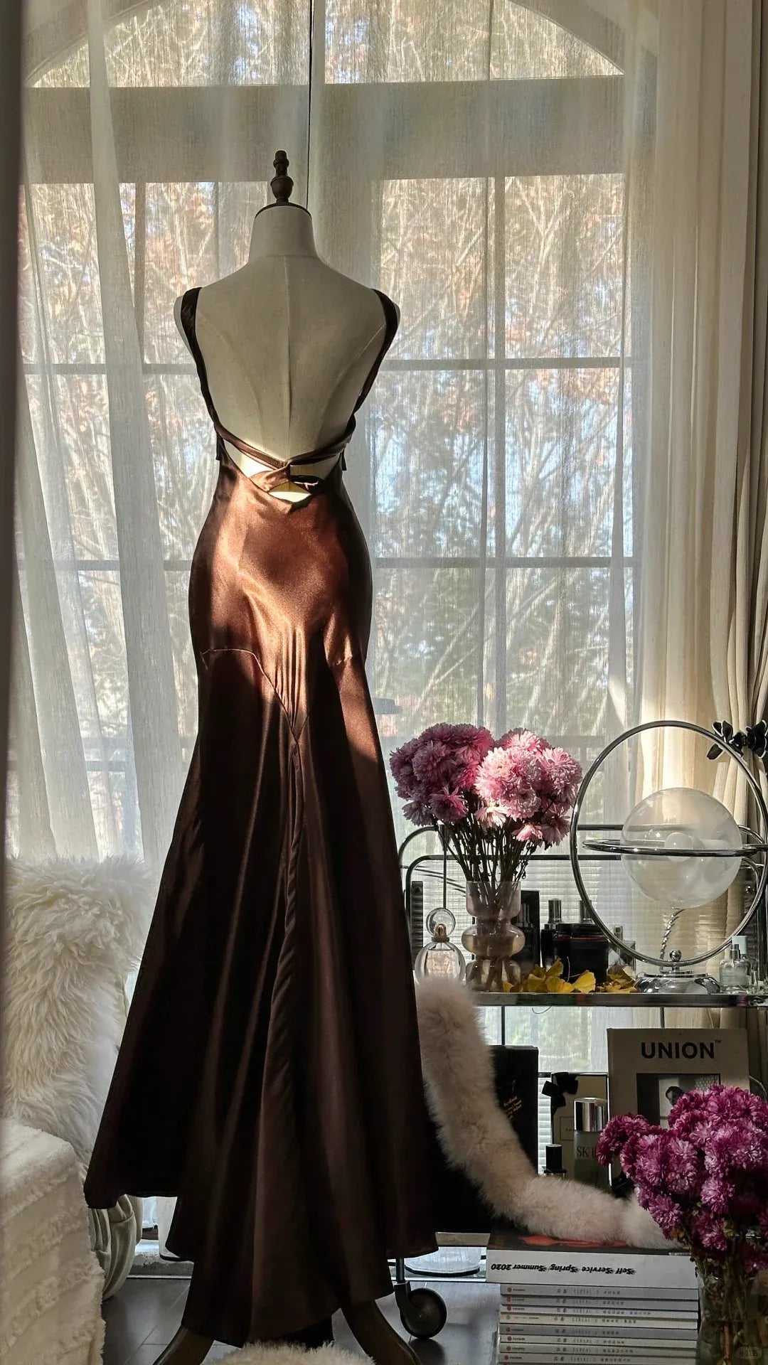Chocolate Brown Satin Mermaid Gown with Twisted Open Back