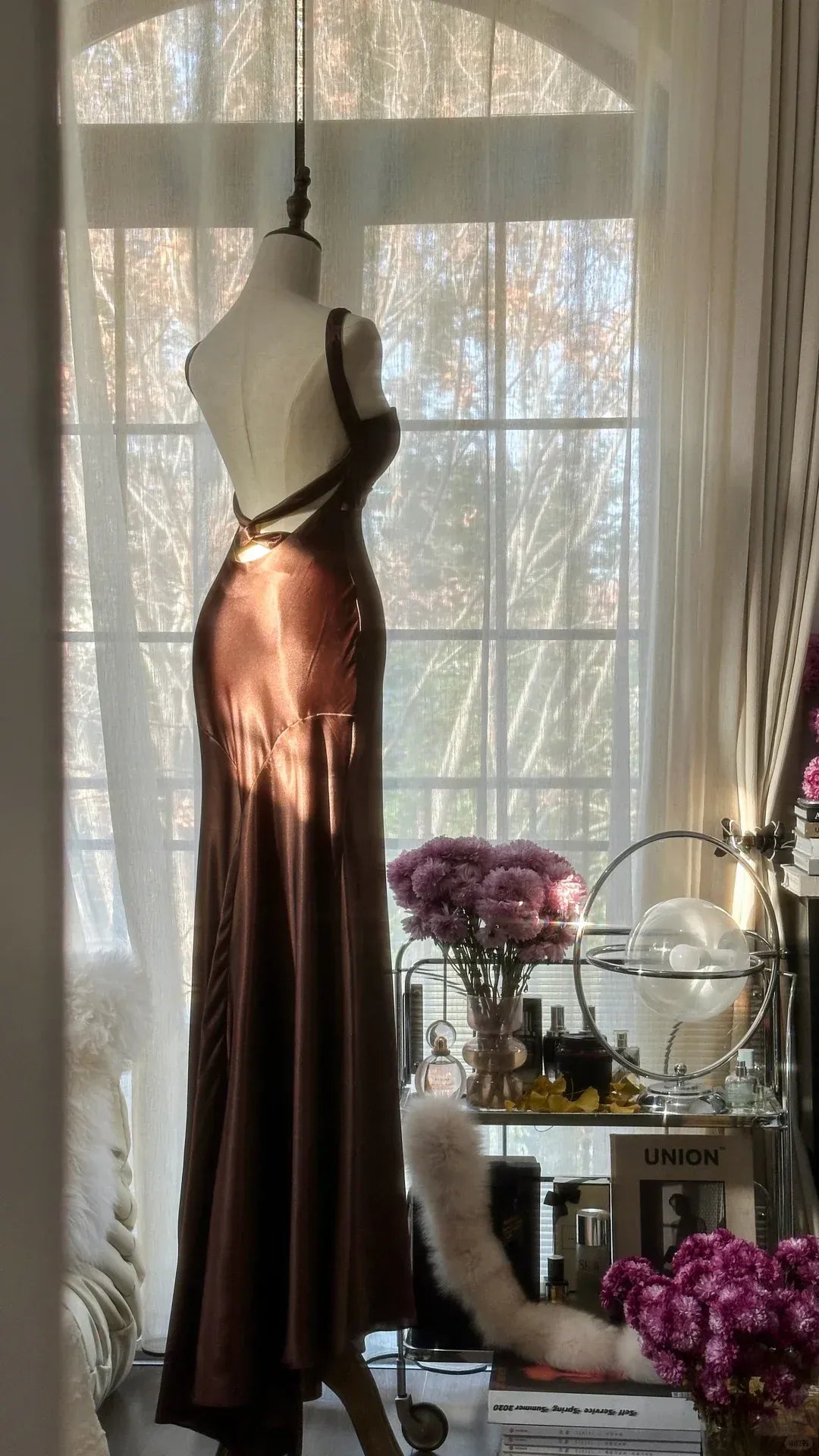 Chocolate Brown Satin Mermaid Gown with Twisted Open Back