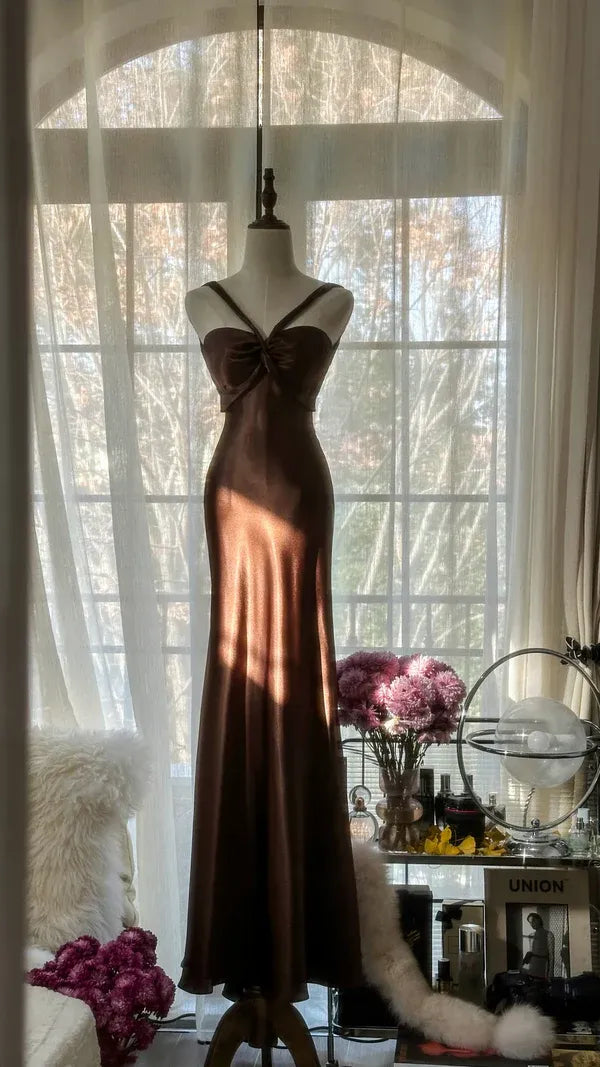 Chocolate Brown Satin Mermaid Gown with Twisted Open Back
