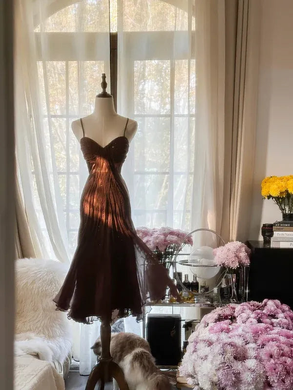 Chocolate Brown Spaghetti Strap Sweetheart Neckline Tulle Midi Gown with Shimmer Accents