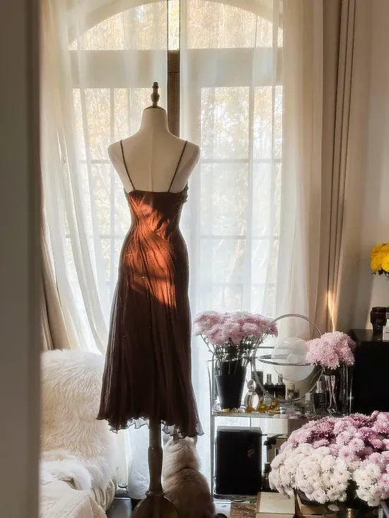 Chocolate Brown Spaghetti Strap Sweetheart Neckline Tulle Midi Gown with Shimmer Accents