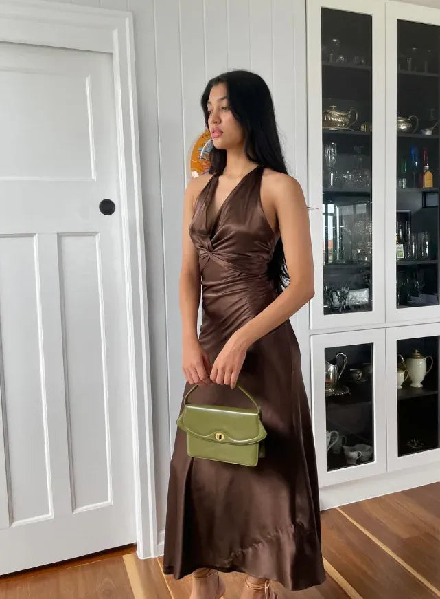 Chocolate Satin Halter Maxi Dress – Twist Front Open Back Formal Cocktail Gown