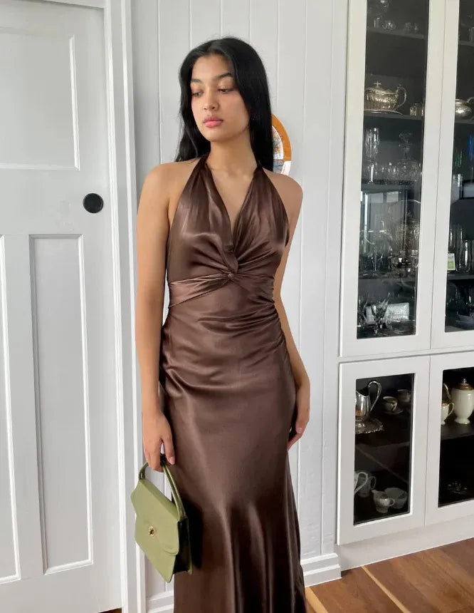 Chocolate Satin Halter Maxi Dress – Twist Front Open Back Formal Cocktail Gown