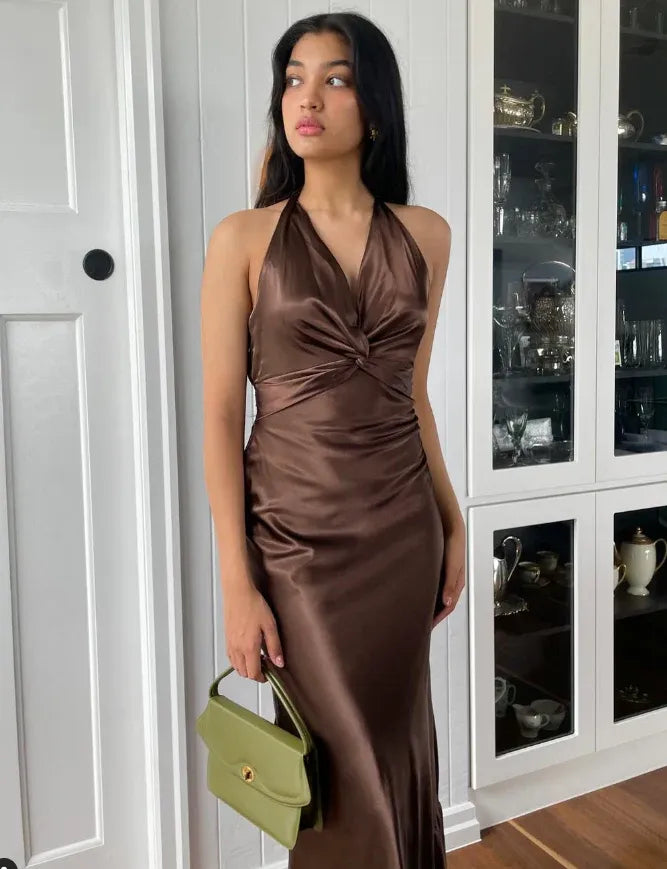Chocolate Satin Halter Maxi Dress – Twist Front Open Back Formal Cocktail Gown
