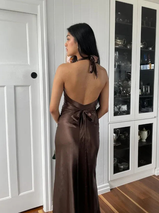 Chocolate Satin Halter Maxi Dress – Twist Front Open Back Formal Cocktail Gown