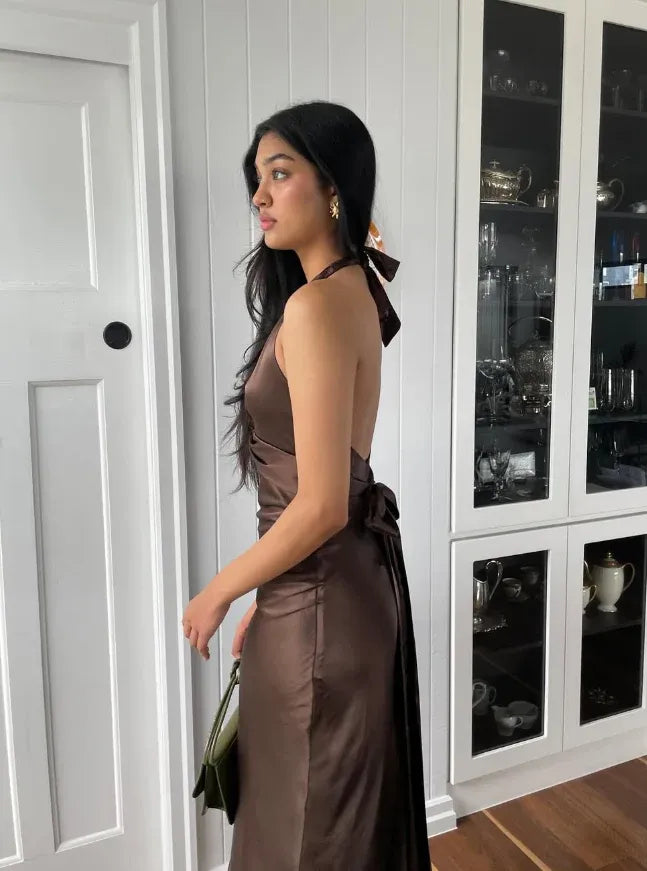 Chocolate Satin Halter Maxi Dress – Twist Front Open Back Formal Cocktail Gown