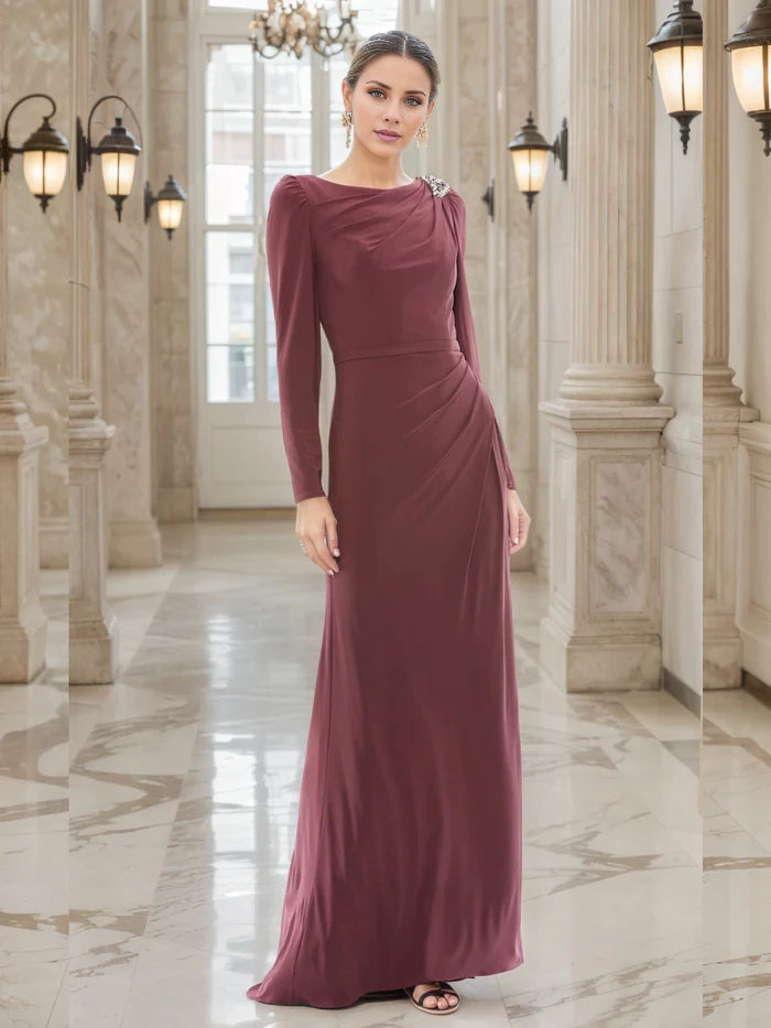 Cinnamon Rose Sheath Embellished Shoulder Long Sleeves  Mother of the Bride Dresses