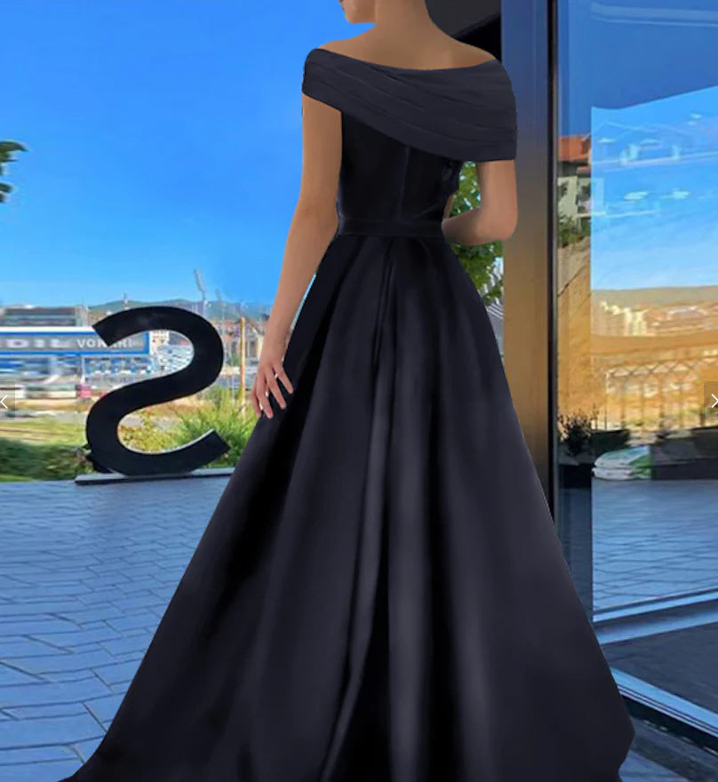 Classic A-Line/Princess Off-the-Shoulder Floor-length Side Slit Prom Dresses