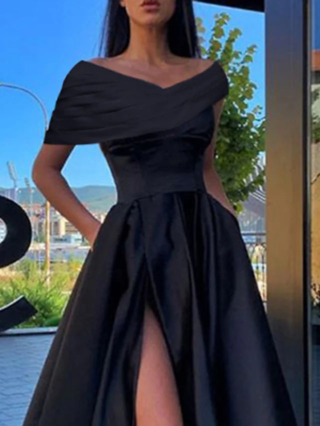 Classic A-Line/Princess Off-the-Shoulder Floor-length Side Slit Prom Dresses